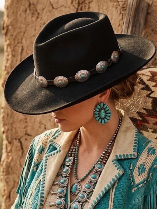 Vtg Scala 100% Wool Felt Western Hat Black Silver Conchos Turquoise Accents Boho